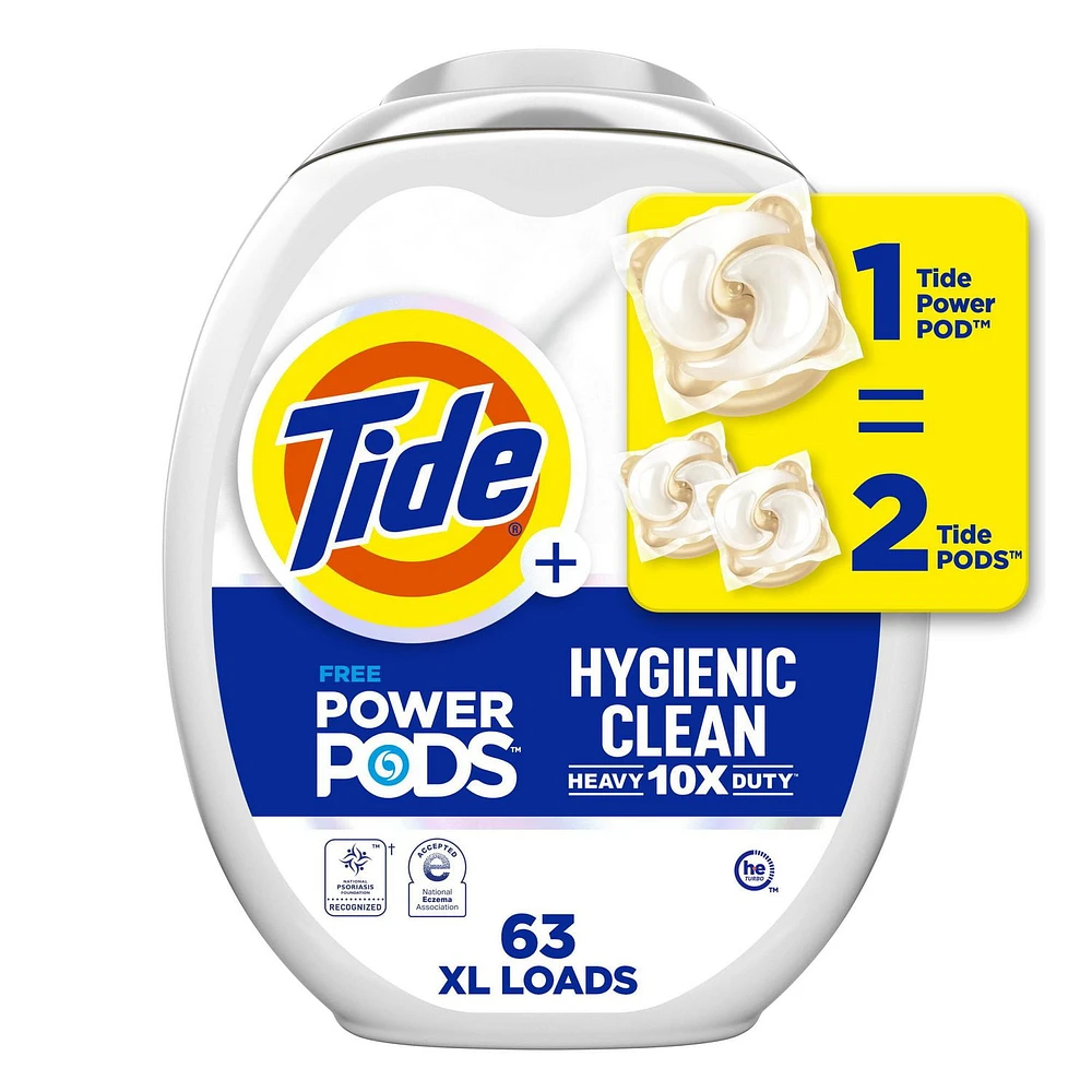 Tide Hygienic Clean Heavy Duty 10x Free Power PODS Laundry Detergent Pacs, Unscented Scent, For Visible and Invisible Dirt, 63CT