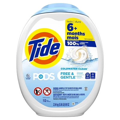 Tide PODS Free & Gentle Liquid Laundry Detergent Pacs, HE Compatible and Coldwater Clean, 112CT