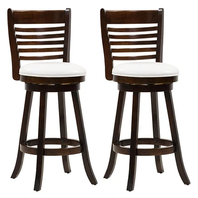 CorLiving Willa Dark Brown Swivel Bar Stools Set of 2 with White Faux Leather Seats and Horizontal Slatted High Backs – Bar Height Bar Stools with Back - Wood Barstools for Bar, or Kitchen Island Bar