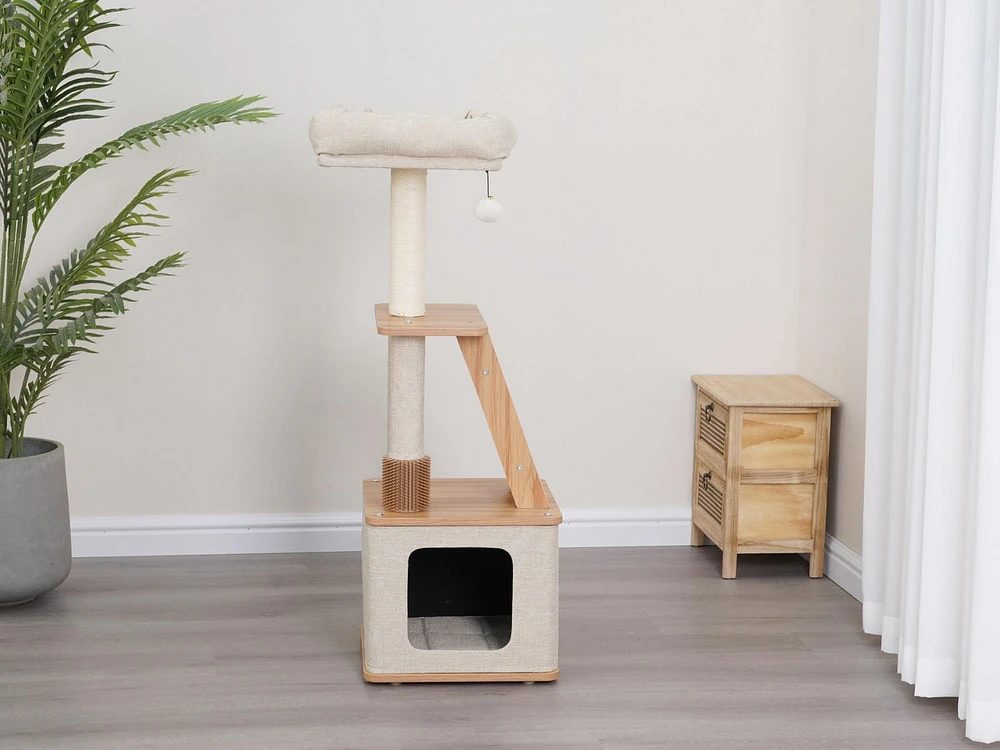 Vibrant Life 3-Level Cat Tree with Base Condo, Top Perch, Scratching Mats, Laminated Board Steps