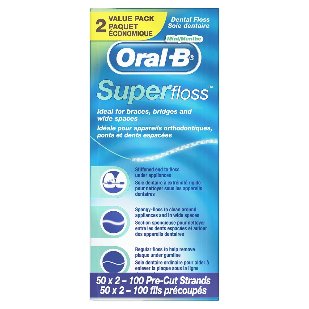 Oral-B Super Floss Pre-Cut Strands Dental Floss, Mint, 50 Count, Pack of 2