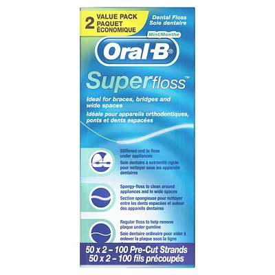 Oral-B Super Floss Pre-Cut Strands Dental Floss, Mint, 50 Count, Pack of 2