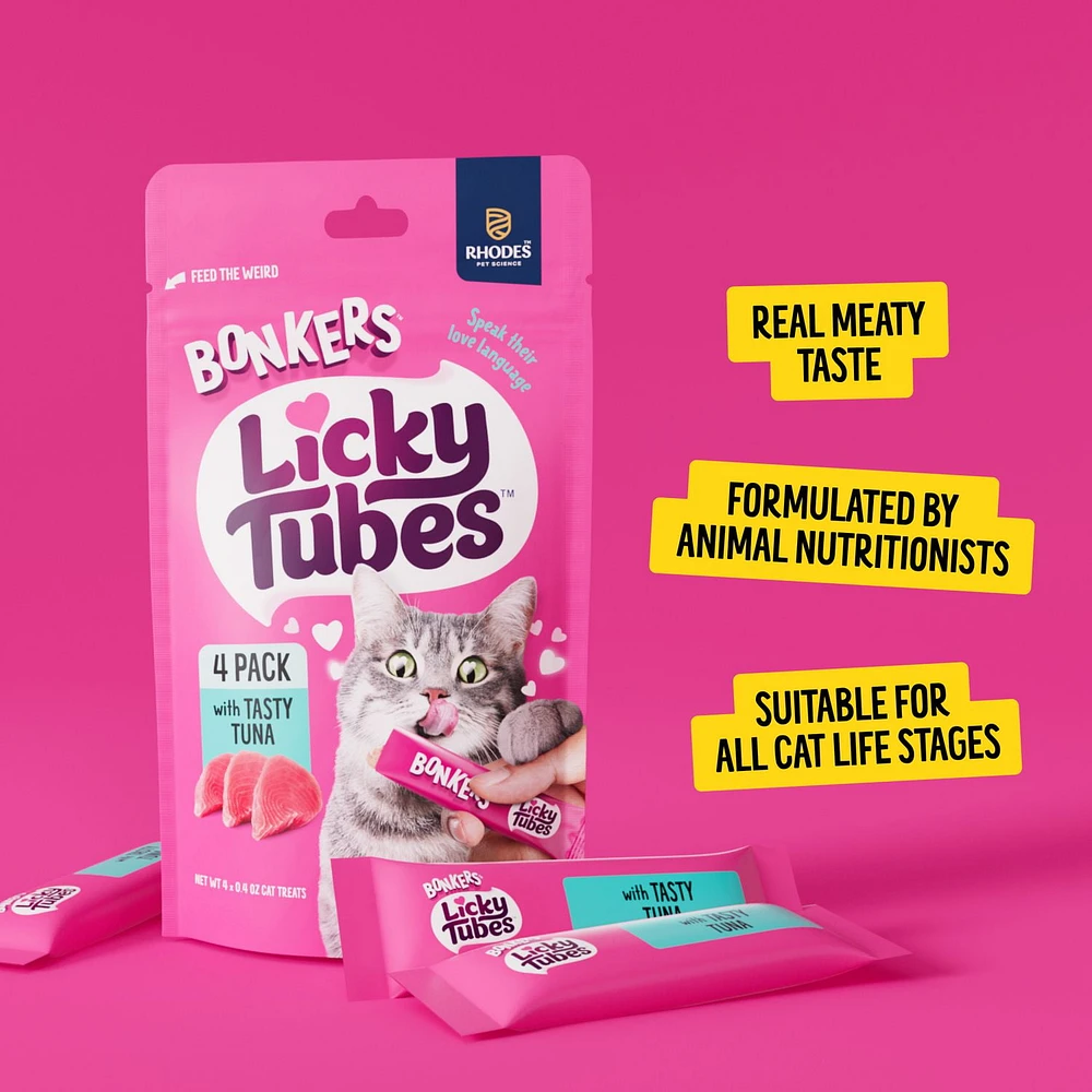 BONKERS Licky Tubes, Wet Tasty Tuna Flavored Cat Treats, 4 Tubes, Licky Tubes Wet Cat Treats Tuna Recipe 4 Pack