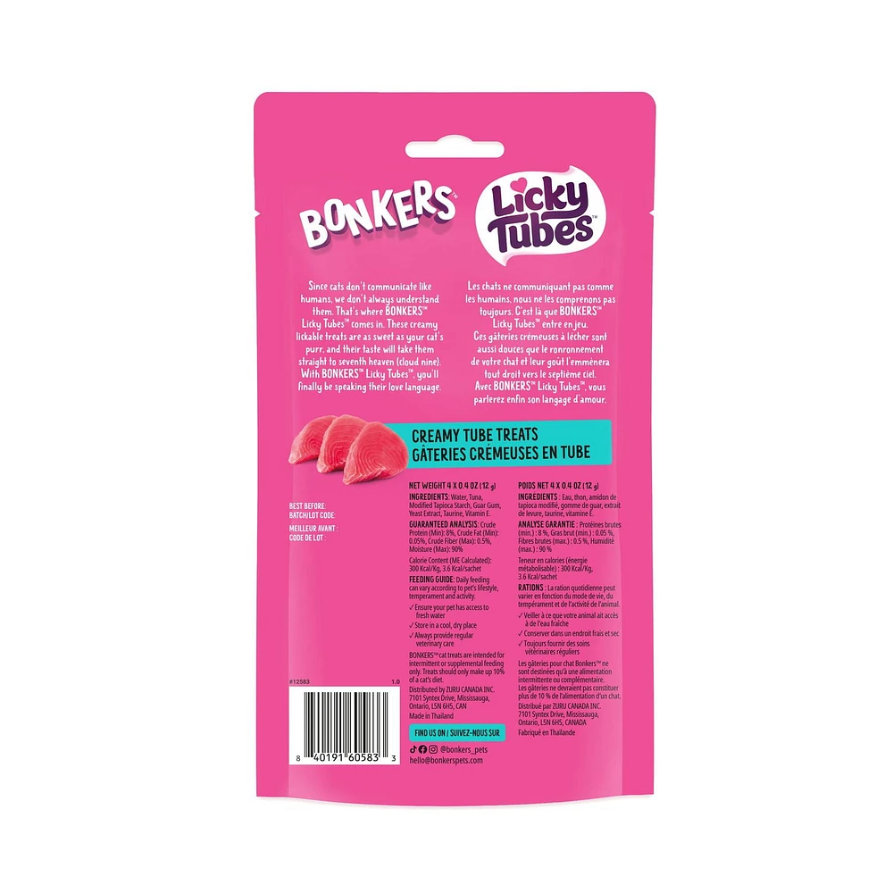 BONKERS Licky Tubes, Wet Tasty Tuna Flavored Cat Treats, 4 Tubes, Licky Tubes Wet Cat Treats Tuna Recipe 4 Pack