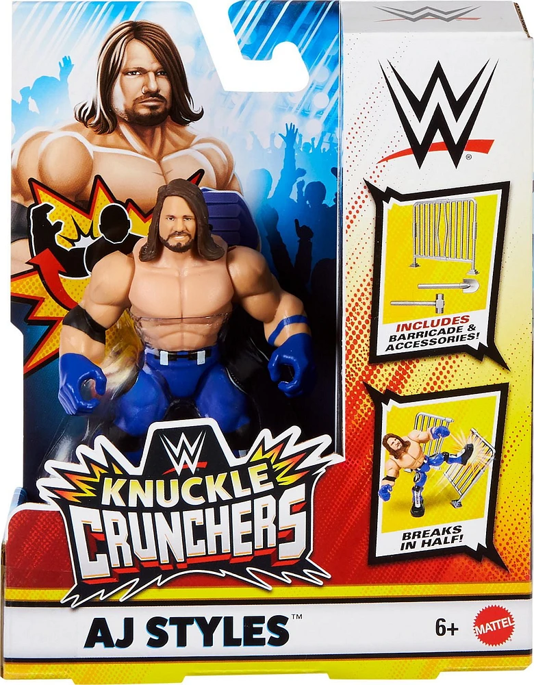 WWE Knuckle Crunchers AJ Styles Action Figure & Accessories, Bone-Crunching Movement, 3.25-inch