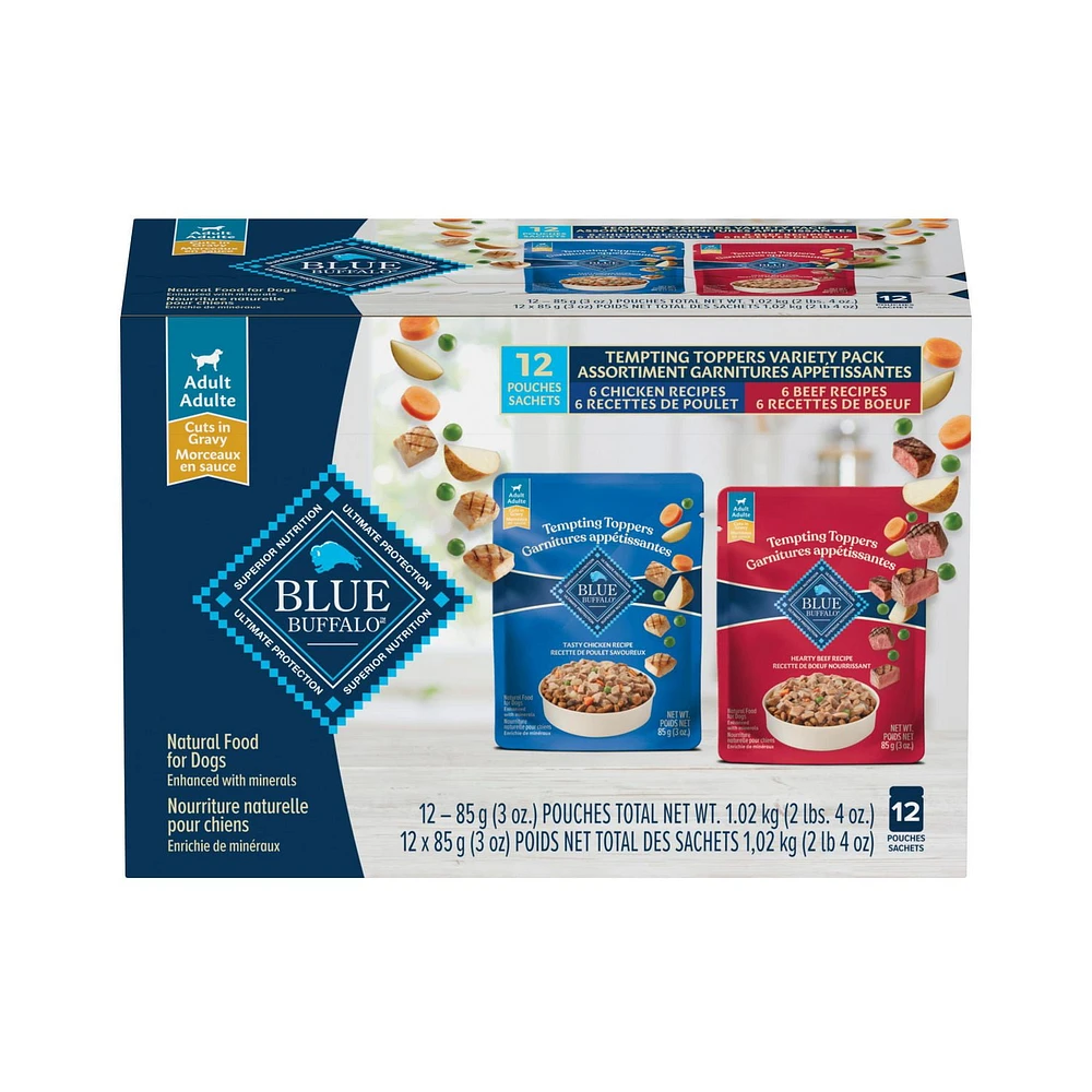 Blue Buffalo Tempting Toppers Grain Free Natural Wet Dog Food Topper Variety Pack, Chicken Dinner & Beef Recipe, 12 x 85g, BLUE Tempting Toppers Bf/Chkn 12ct Variety Pack