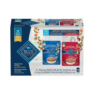 Blue Buffalo Tempting Toppers Grain Free Natural Wet Dog Food Topper Variety Pack, Chicken Dinner & Beef Recipe, 12 x 85g, BLUE Tempting Toppers Bf/Chkn 12ct Variety Pack