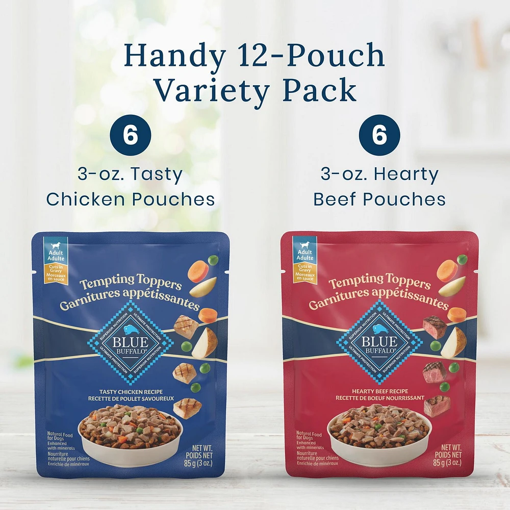 Blue Buffalo Tempting Toppers Grain Free Natural Wet Dog Food Topper Variety Pack, Chicken Dinner & Beef Recipe, 12 x 85g, BLUE Tempting Toppers Bf/Chkn 12ct Variety Pack