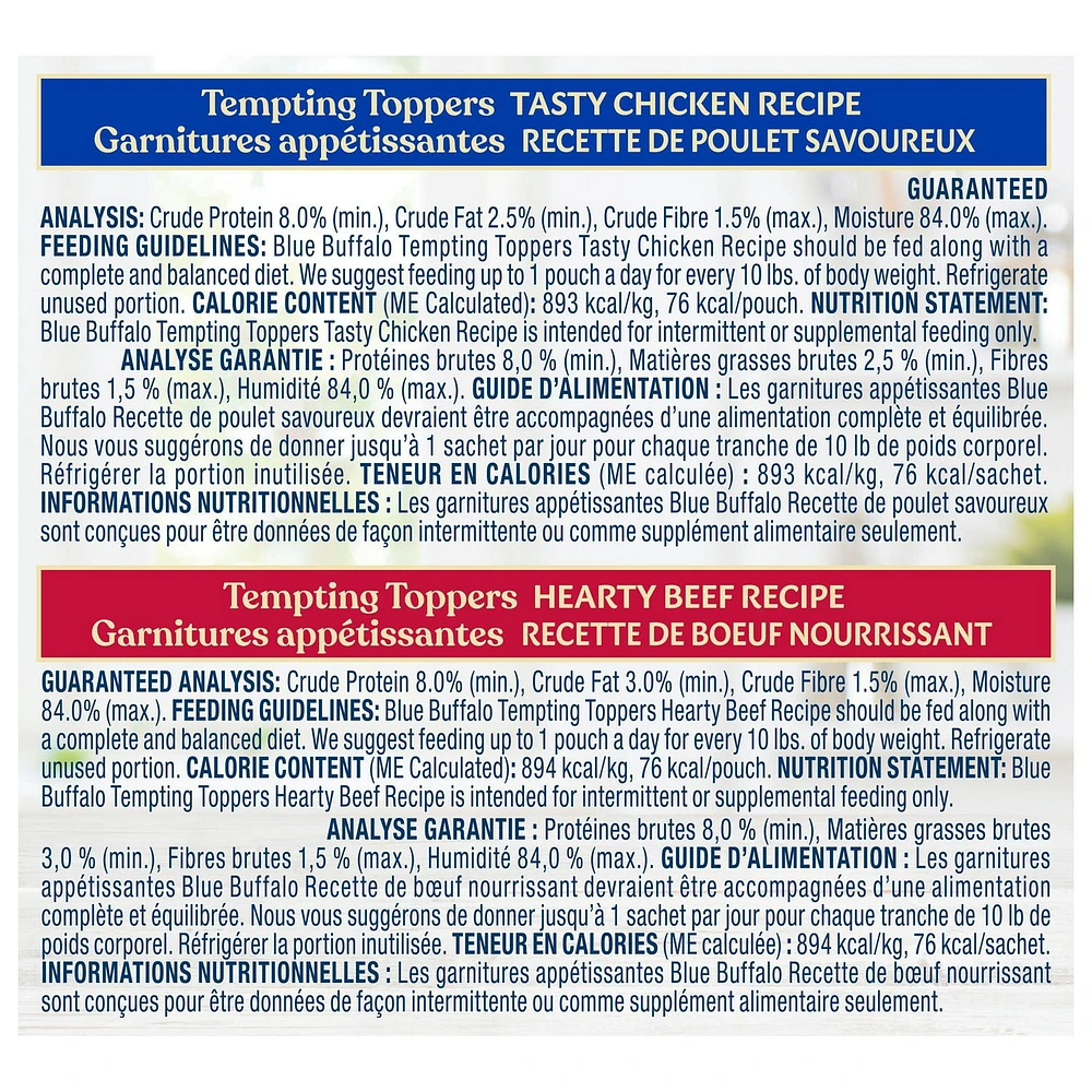 Blue Buffalo Tempting Toppers Grain Free Natural Wet Dog Food Topper Variety Pack, Chicken Dinner & Beef Recipe, 12 x 85g, BLUE Tempting Toppers Bf/Chkn 12ct Variety Pack