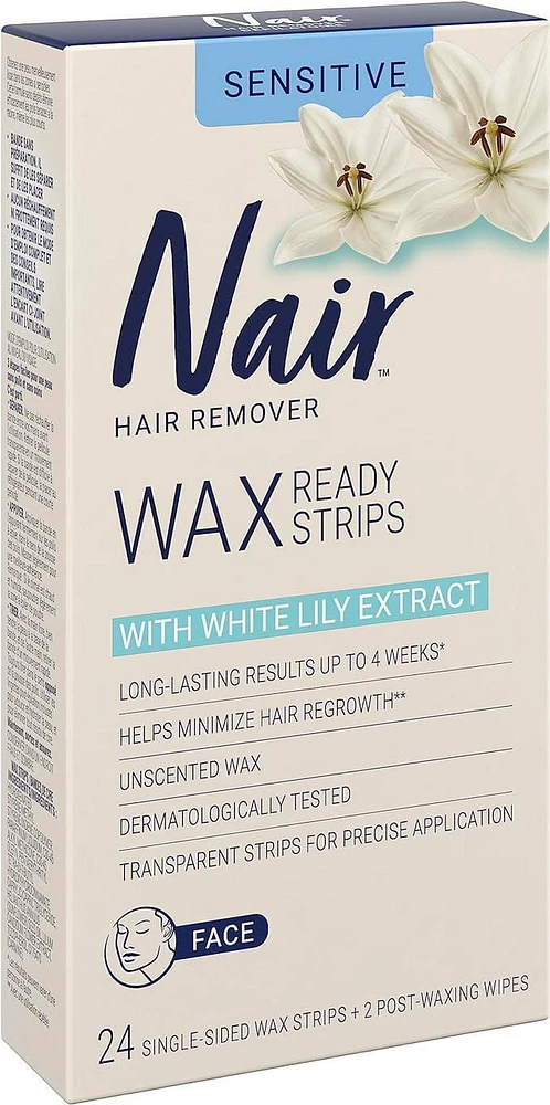 Nair Wax Ready Strips for Sensitive Skin with White Lily, 24 Wax strips + 2 Wipes