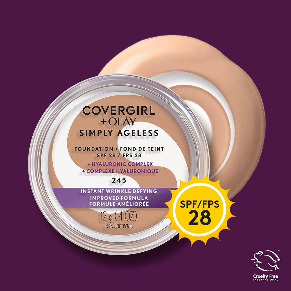 COVERGIRL Fond de teint Simply Ageless Instant Wrinkle Defying avec complexe hyaluronique, vitamine C et niacinamide - SPF 28, 100% Sans Cruauté Fonds de teint avec Complexe Hyaluronique