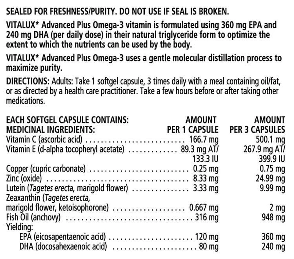 VITALUX® Advanced Plus Omega-3, Ocular Multivitamin, Macular Degeneration Supplement with AREDS 2, AMD, 75 Softgel Capsules