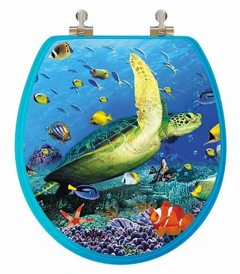 TopSeat High Res 3D Image Sea Turtle Round Regular Lid Closure Chromed Metal Hinges Toilet Seat