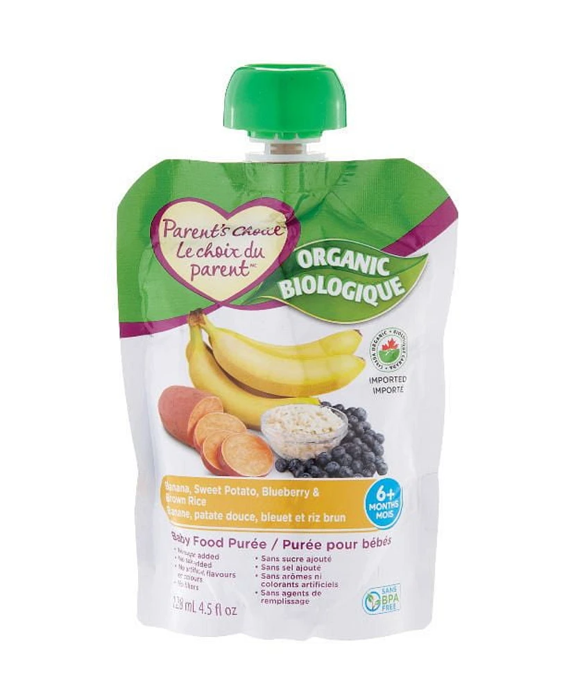 Parent's Choice Organic Banana, Sweet Potato, Blueberry & Brown Rice Baby Food Purée, 128 mL