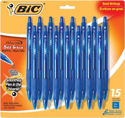 Bic Velocity Retractable Ball Pen, Medium Point, Blue Ink, 15-Count, Contoured Grip For Comfort And Control Blue
