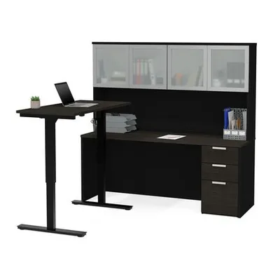 Bestar Pro-Concept Plus Height Adjustable L-Desk With Frosted Glass Door Hutch Deep Grey & Black