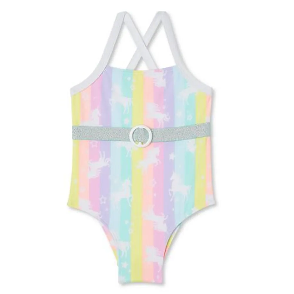 George Baby Girls' Belted Fashion One-Piece Swimsuit Aqua 12-18 Months