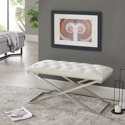 Ih Casa D Cor Imperial Tufted Double Bench With Silver X Base (Beige) Ivory 41.5"Wx72"L
