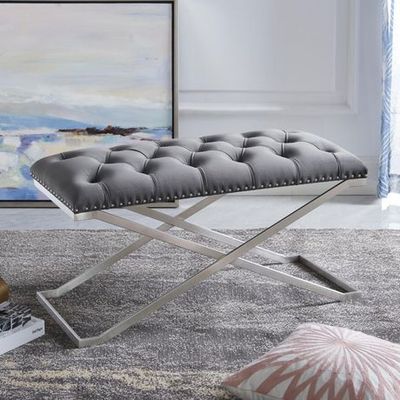 Ih Casa D Cor Imperial Tufted Double Bench With Silver X Base (Gray) Gray 41.5"Wx72"L