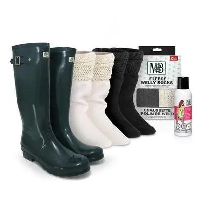 Moneysworth & Best Tall Rubber Boots Bundle For Women, 3 Pcs - Rubber Boots, Soft Fleece Socks & Rubber Boot Restorer 15 Green 10