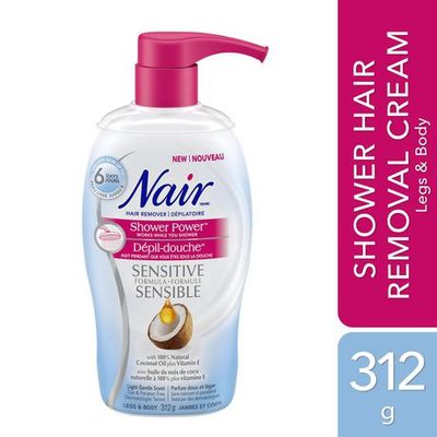 Nair Shower Power Sensitive Formula Hair Remover For Legs & Body With 100% Natural Coconut Oil Plus Vitamin E