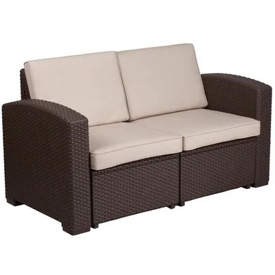 Flash Furniture Chocolate Brown Faux Rattan Loveseat With All-Weather Beige Cushions Chocolate Brown