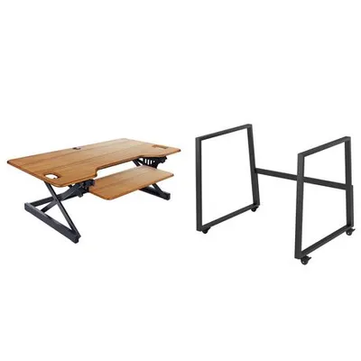 Rocelco 46" Mobile Large Height Adjustable Standing Desk Bundle - Rolling Sit Stand Up Dual Monitor Riser - Gas Spring A Teak, Black X-Large