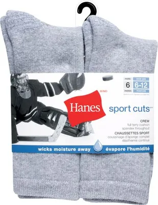 Hanes Men's 6 Pack Sport Cuts Crew Cushion Sock Grey 6-12