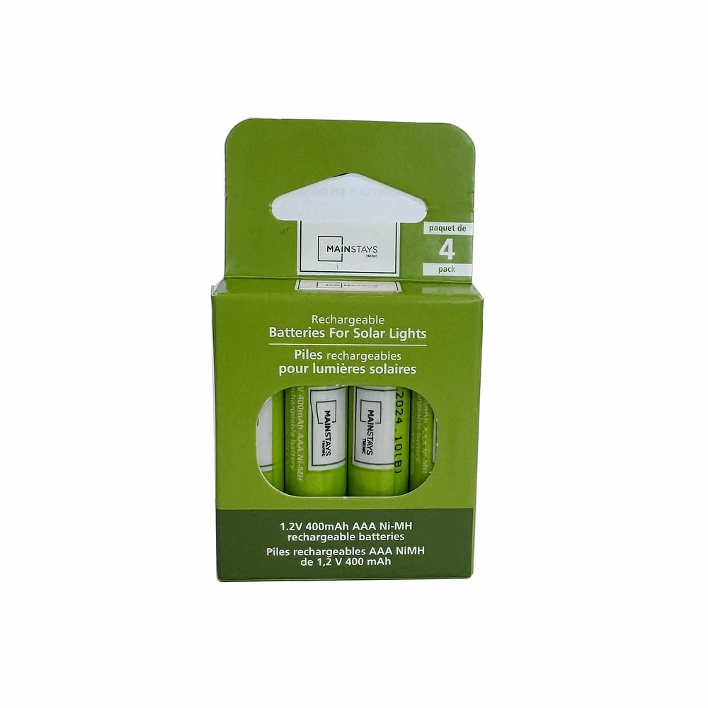 Mainstays Solar Rechargeable 400mAh AAA Nickel Metal Hydride Batteries, 4 Count