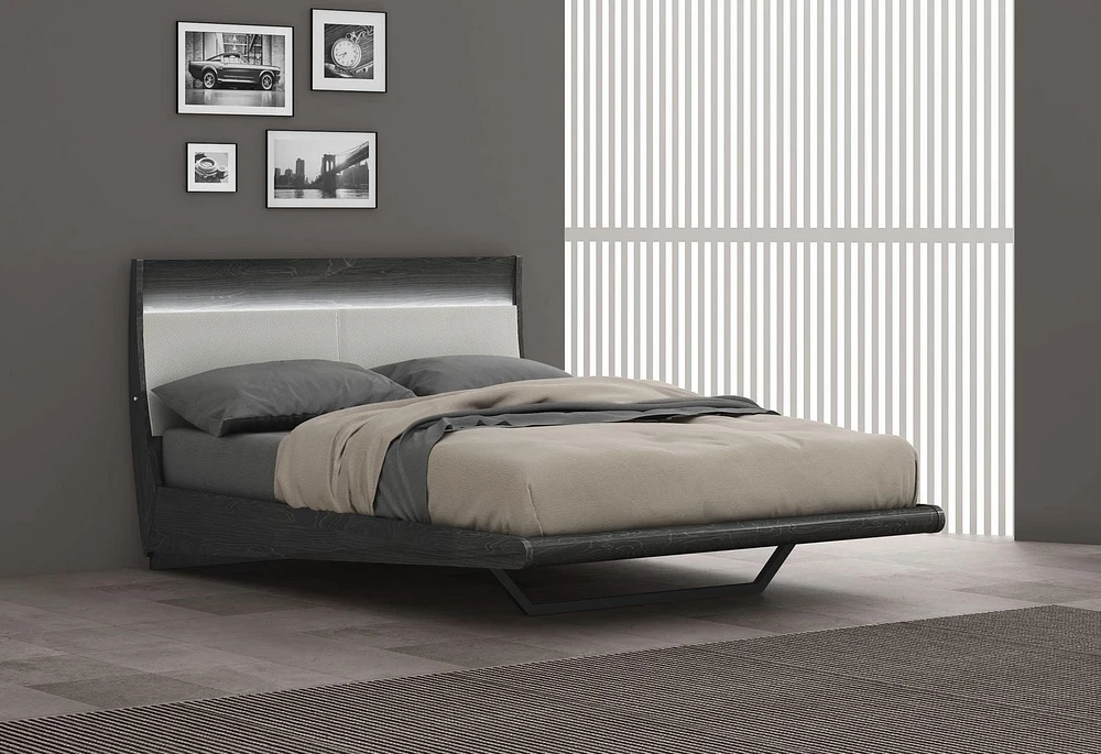 K-Living Asher Grey Lacquer Finish Double-Size Bed with PU Padded Headboard and One-Touch LED Light