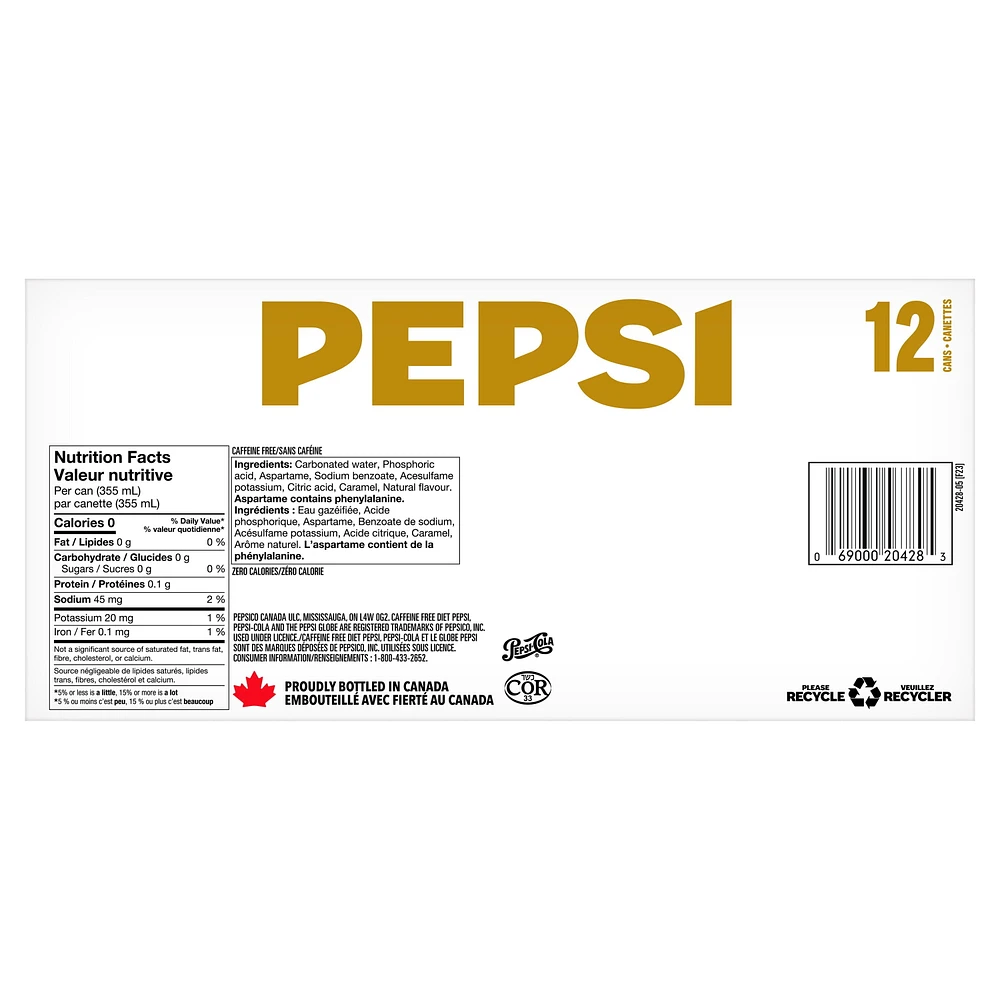 Pepsi Diet Caffeine Free Cola 12 x 355 mL, Cans, 12x355mL
