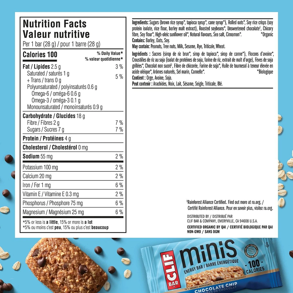 CLIF BAR, Mini Chocolate Chip Energy Bar, 70% Organic Ingredients, No Artificial Flavours, 28 g (Pack of 10)