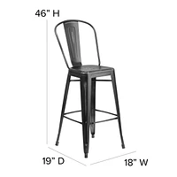 Tabouret de bar en métal vieilli noir de 30 pouces de hauteur pour l'intérieur et l'extérieur avec dossier
