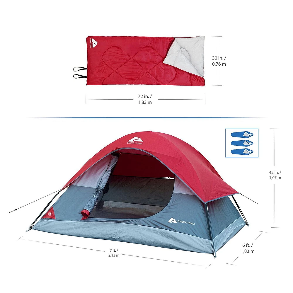 Ozark Trail Combo Camping 3 pièces, 2 sacs de couchage, capacité maximale : 3 personnes, type de produit : tentes dôme dimensions : 7 pi H x 6 pi W x 42 po H