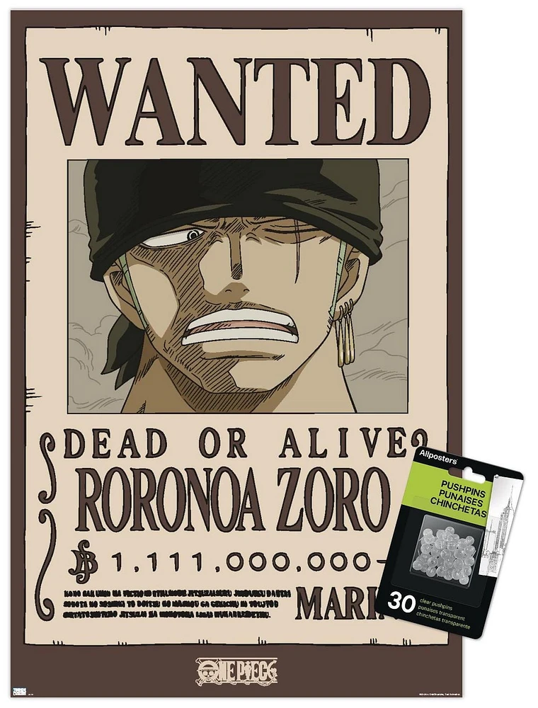 One Piece - Roronoa Zoro Wanted Poster Wall Poster with Push Pins, 14.725" x 22.375"