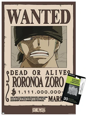 One Piece - Roronoa Zoro Wanted Poster Wall Poster with Push Pins, 14.725" x 22.375"