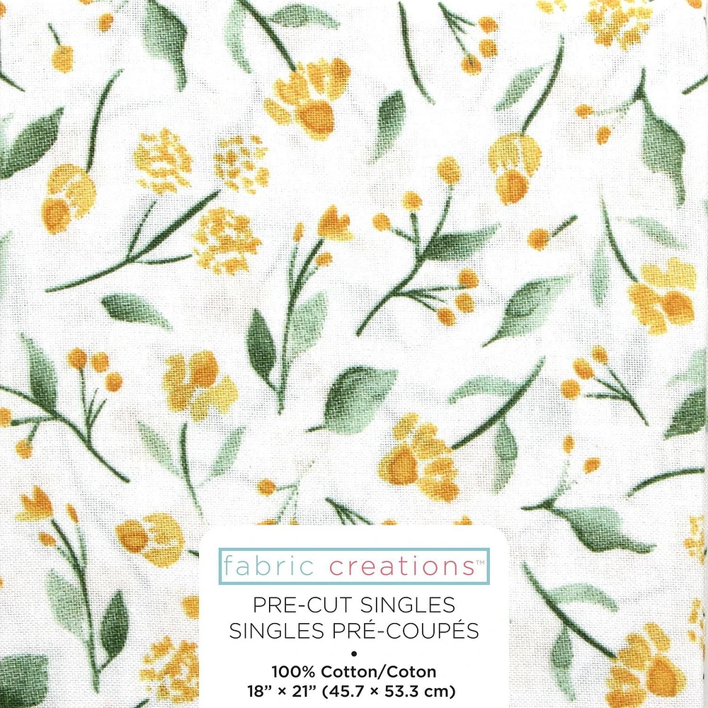 Tissu pré-coupé Fat Quarter de Fabric Creations blanc avec des fleurs jaunes sur tige - 18" x 21" / 45cm x 53cm 18" x 21" / 45cm x 53cm