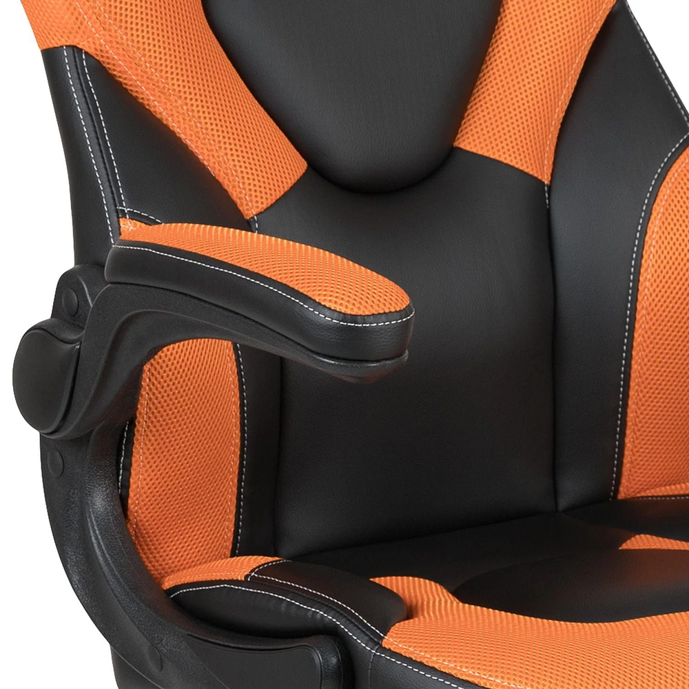 Fauteuil de jeu ergonomique de style course LeatherSoft à dossier haut,  avec appui-bras rabattables, orange / noir
