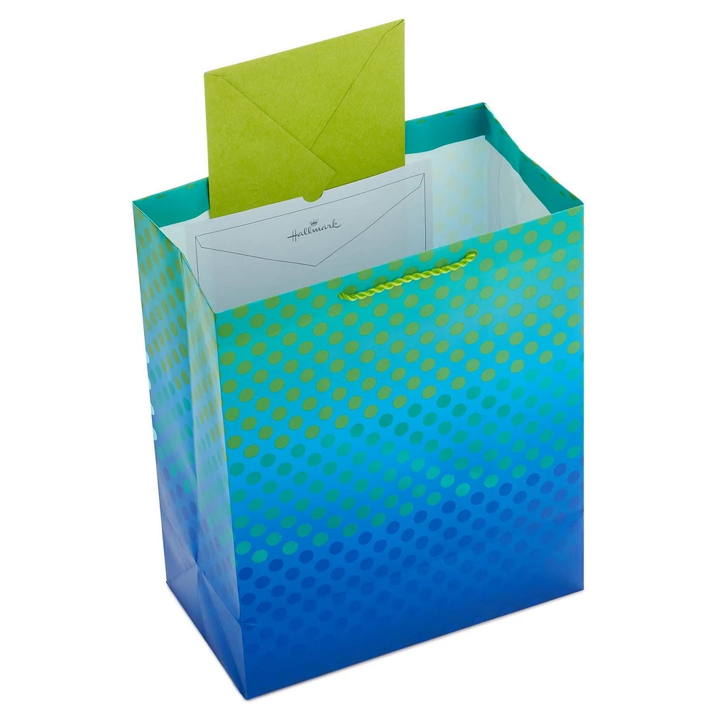 Grand sac-cadeau de 13 po avec papier de soie, Hallmark (bleu, vert, pois métallisés) pour les fêtes, la fête des Pères, les remises des diplômes