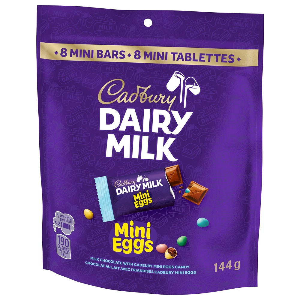 CADBURY DAIRY MILK Mini Eggs Mini Bars, Milk Chocolate with CADBURY Mini Eggs, Bag of 8 x 18 g Mini Bars, 144 g, CADBURY DAIRY MILK MINI EGGS MINI BARS 144G 8