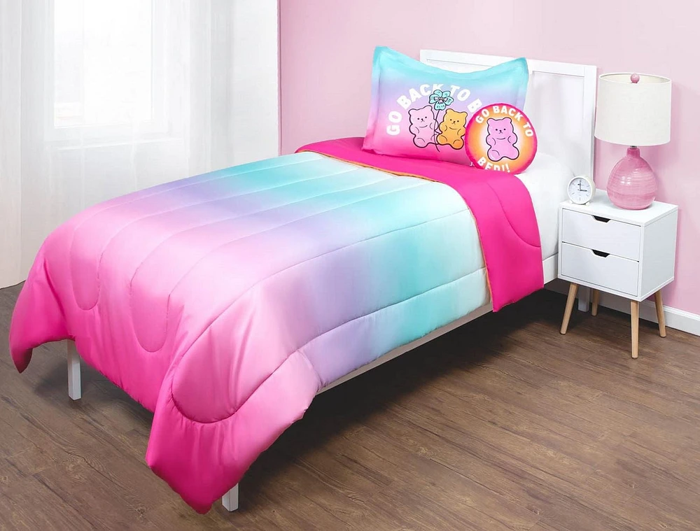 Justice Oursons en Bonbons Ensemble de Douillette Réversible 3 Pièces pour Lit 1 ou 2 Places avec Oreiller Décoratif