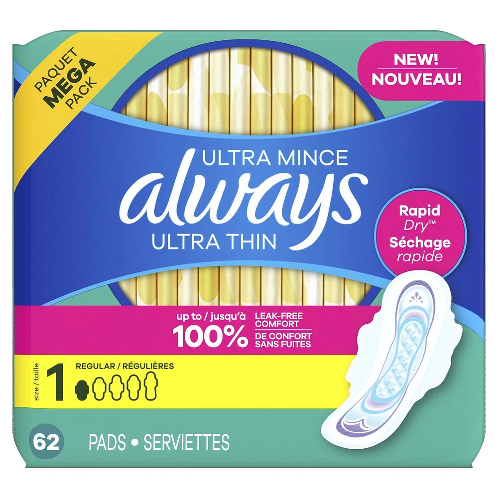 Serviettes féminines Always Ultra Thin, degré d’absorption régulier, avec ailes, pour femmes, taille1, non parfumées, 62serviettes 62CT