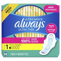 Serviettes féminines Always Ultra Thin, degré d’absorption régulier, avec ailes, pour femmes, taille1, non parfumées, 62serviettes 62CT