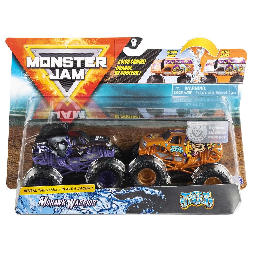Monster Jam, Monster trucks Mohawk Warrior vs Jester officiels qui changent de couleur en métal moulé, échelle 1:64