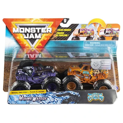 Monster Jam, Monster trucks Mohawk Warrior vs Jester officiels qui changent de couleur en métal moulé, échelle 1:64