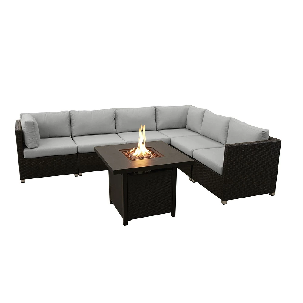 Innesbrook Collection 7-Piece Aluminum Patio Conversation Set with Grey Cushions and Square Fire Table