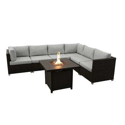 Innesbrook Collection 7-Piece Aluminum Patio Conversation Set with Grey Cushions and Square Fire Table
