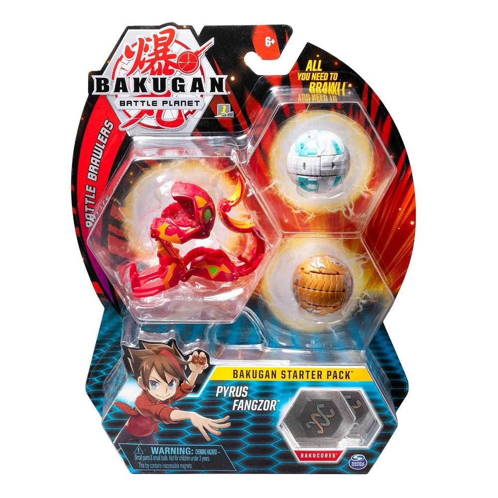 Bakugan, Starter Pack 3 personnages, Pyrus Fangzor, Créatures transformables à collectionner, à partir de 6 ans