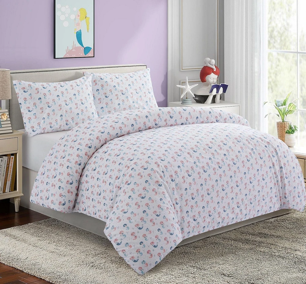 Marina Decoration Kids Girls Toddlers Cute Printed 600 Thread Count Soft Cotton Blend Percale Duvet Cover Set with Corner Tie and Zipper, Cartoon Mermaid Pattern