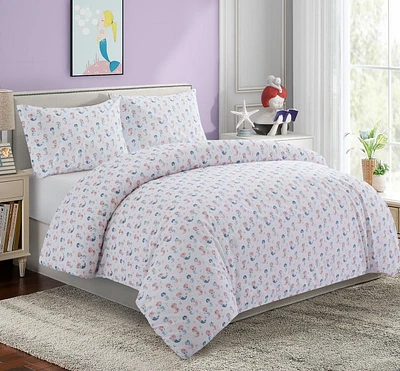 Marina Decoration Kids Girls Toddlers Cute Printed 600 Thread Count Soft Cotton Blend Percale Duvet Cover Set with Corner Tie and Zipper, Cartoon Mermaid Pattern